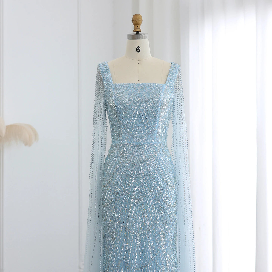 Luxury Beaded Blue Mermaid Evening Dress with Cape Sleeves SS690
