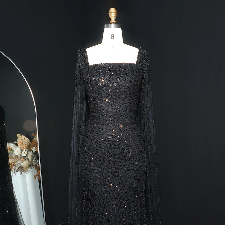 Luxury Beaded Blue Mermaid Evening Dress with Cape Sleeves SS690