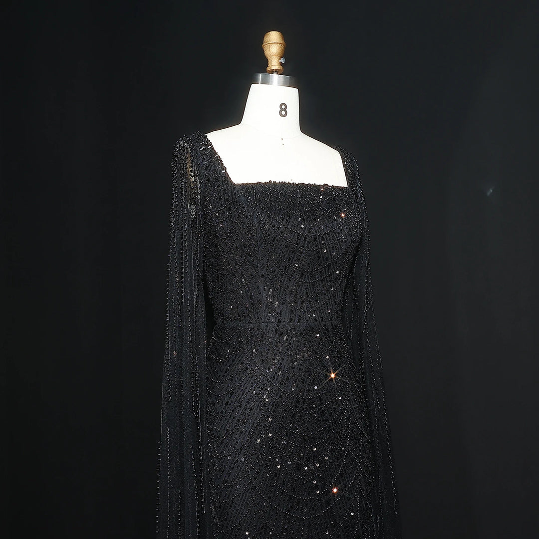 Luxury Beaded Blue Mermaid Evening Dress with Cape Sleeves SS690