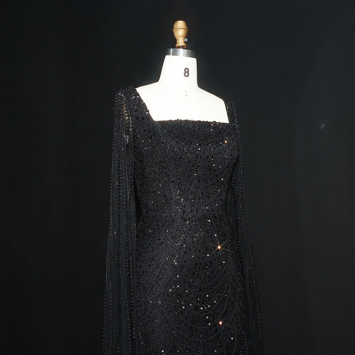 Luxury Beaded Blue Mermaid Evening Dress with Cape Sleeves SS690