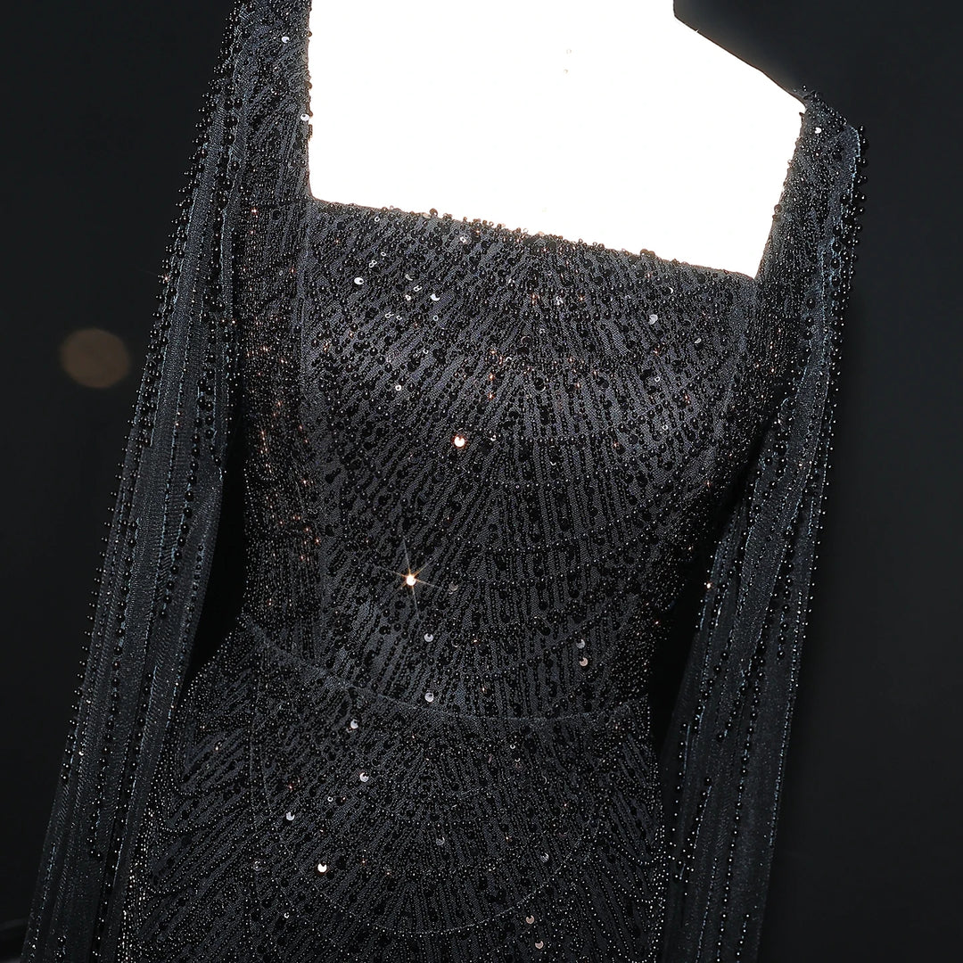 Luxury Beaded Blue Mermaid Evening Dress with Cape Sleeves SS690