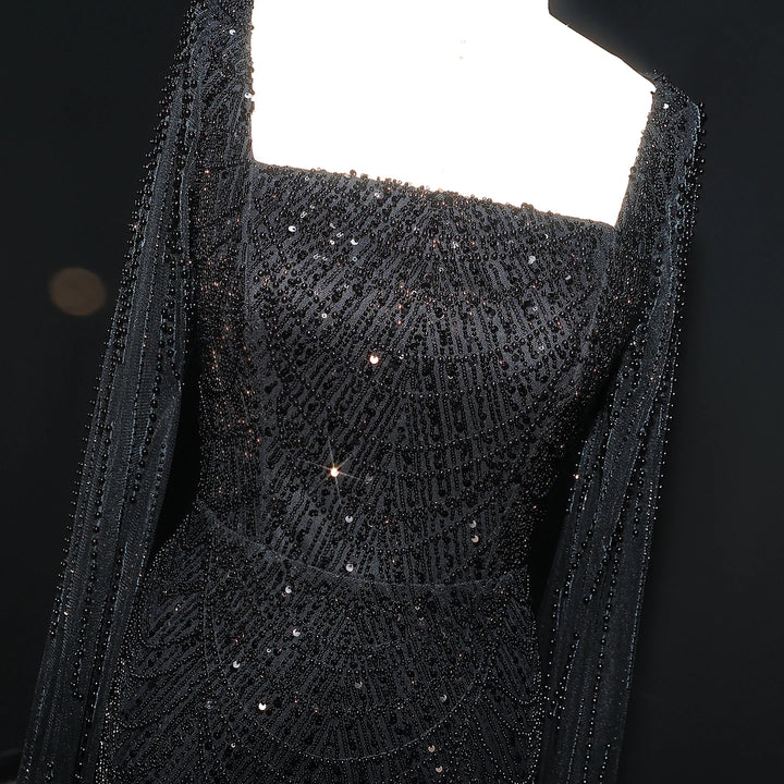 Luxury Beaded Blue Mermaid Evening Dress with Cape Sleeves SS690
