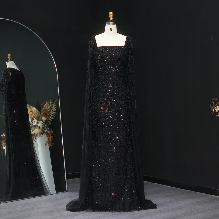 Luxury Beaded Blue Mermaid Evening Dress with Cape Sleeves SS690