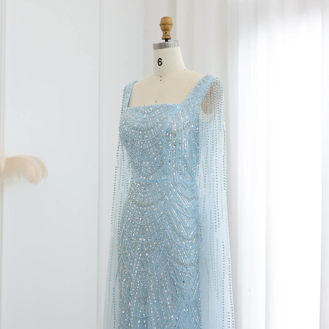 Luxury Beaded Blue Mermaid Evening Dress with Cape Sleeves SS690