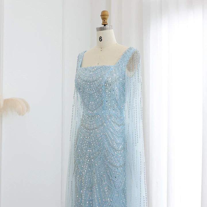 Luxury Beaded Blue Mermaid Evening Dress with Cape Sleeves SS690