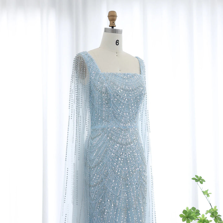 Luxury Beaded Blue Mermaid Evening Dress with Cape Sleeves SS690