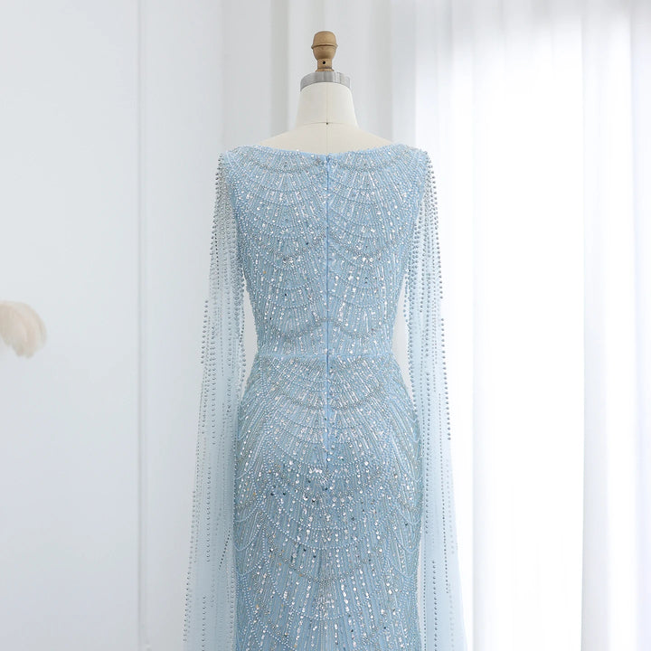Luxury Beaded Blue Mermaid Evening Dress with Cape Sleeves SS690