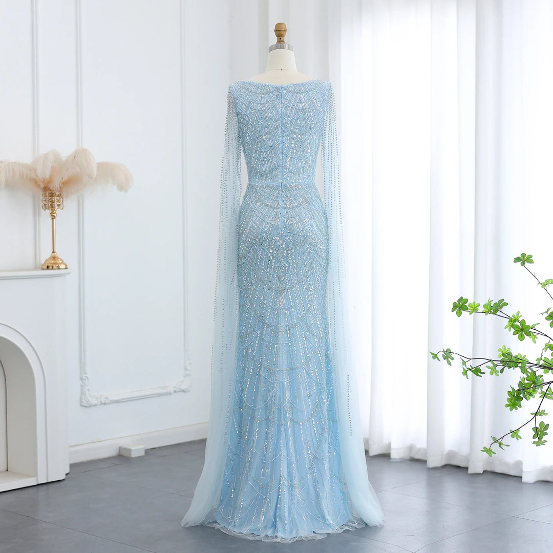 Luxury Beaded Blue Mermaid Evening Dress with Cape Sleeves SS690