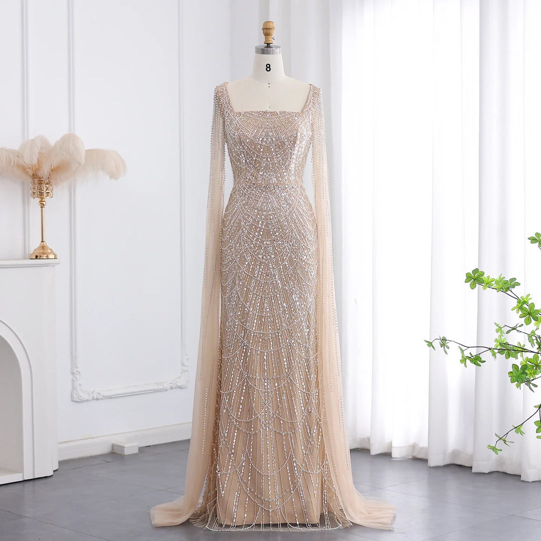 Luxury Beaded Blue Mermaid Evening Dress with Cape Sleeves SS690
