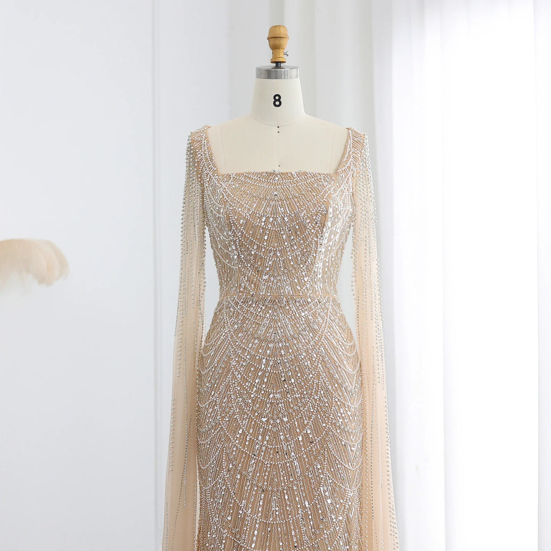 Luxury Beaded Blue Mermaid Evening Dress with Cape Sleeves SS690