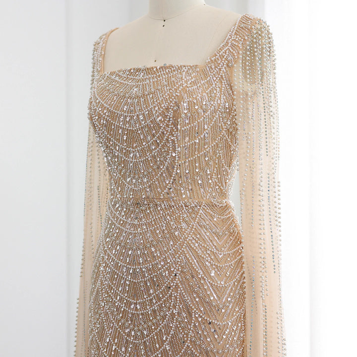 Luxury Beaded Blue Mermaid Evening Dress with Cape Sleeves SS690