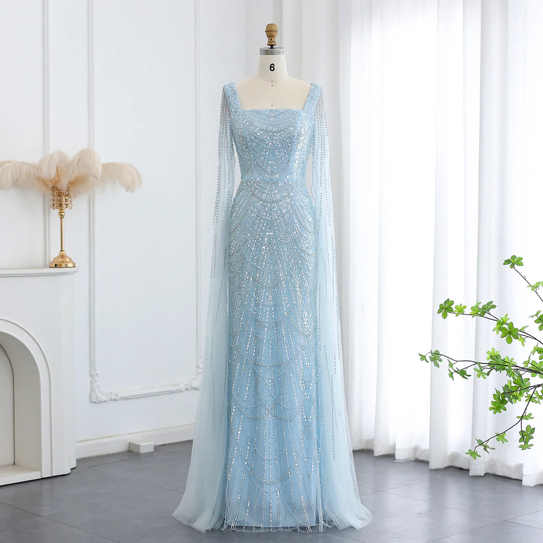 Luxury Beaded Blue Mermaid Evening Dress with Cape Sleeves SS690