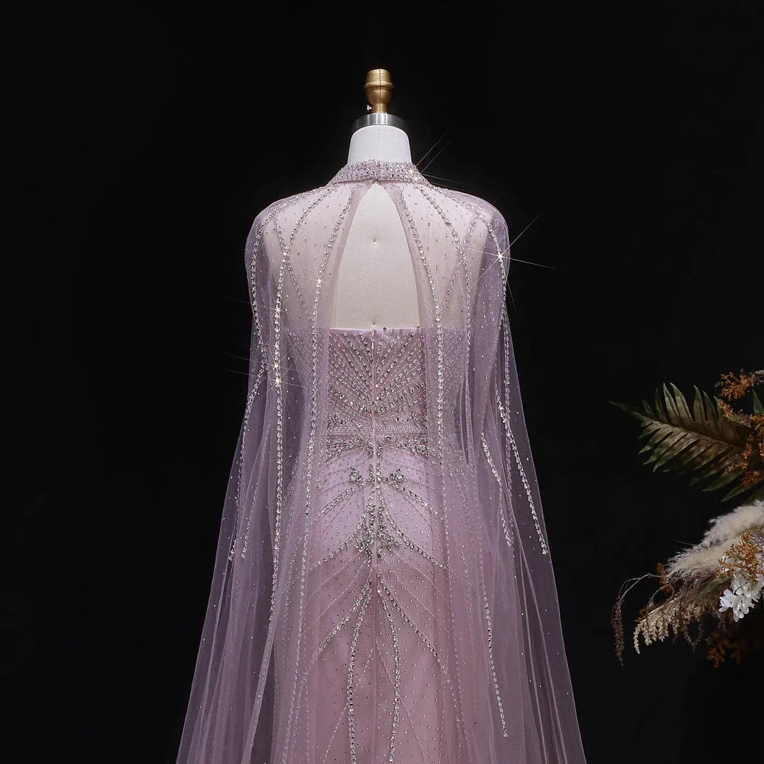 Luxury Beaded Cape Sleeve Evening Dress High Neck SS131-DreamyVow