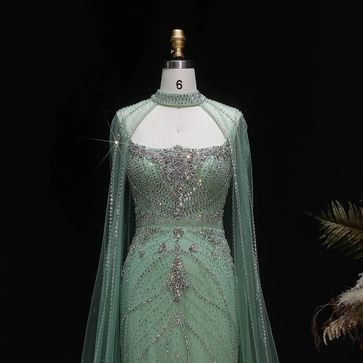 Luxury Beaded Cape Sleeve Evening Dress High Neck SS131-DreamyVow