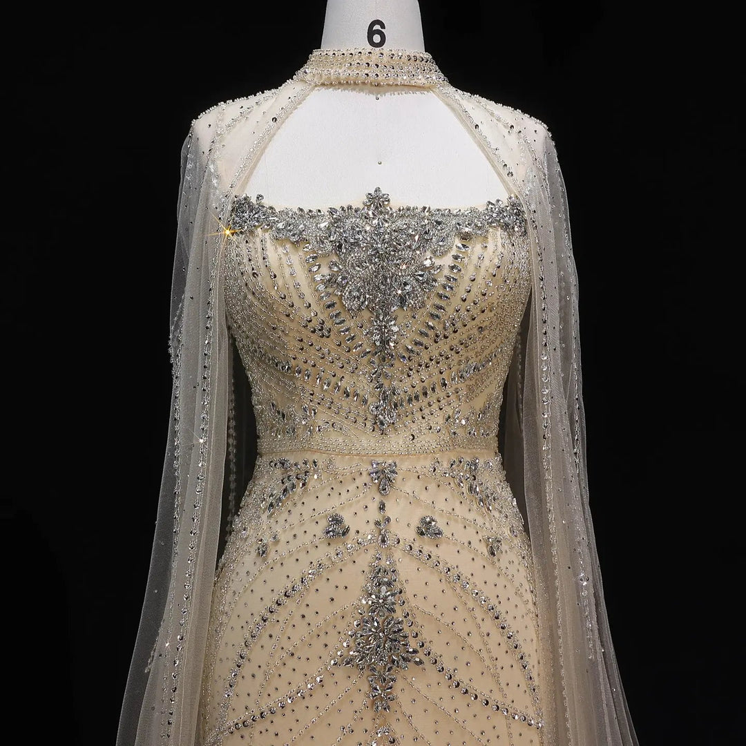 Luxury Beaded Cape Sleeve Evening Dress High Neck SS131-DreamyVow