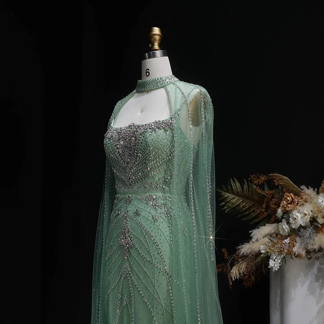 Luxury Beaded Cape Sleeve Evening Dress High Neck SS131-DreamyVow