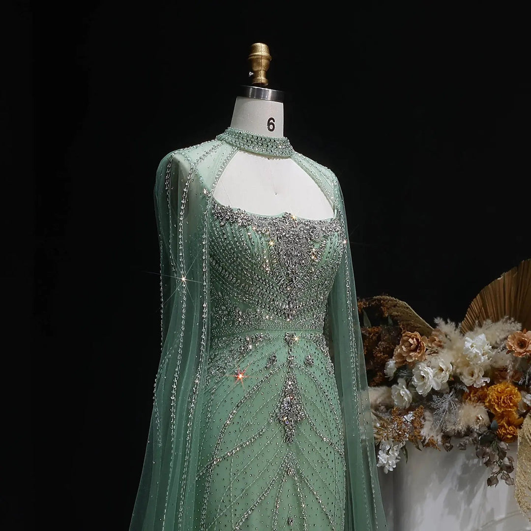 Luxury Beaded Cape Sleeve Evening Dress High Neck SS131-DreamyVow