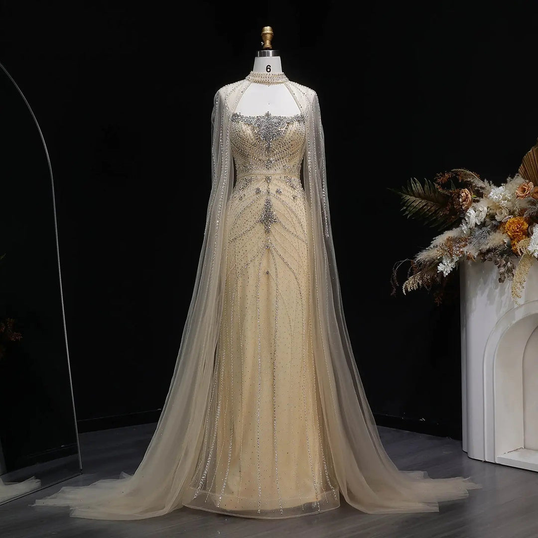 Luxury Beaded Cape Sleeve Evening Dress High Neck SS131-DreamyVow