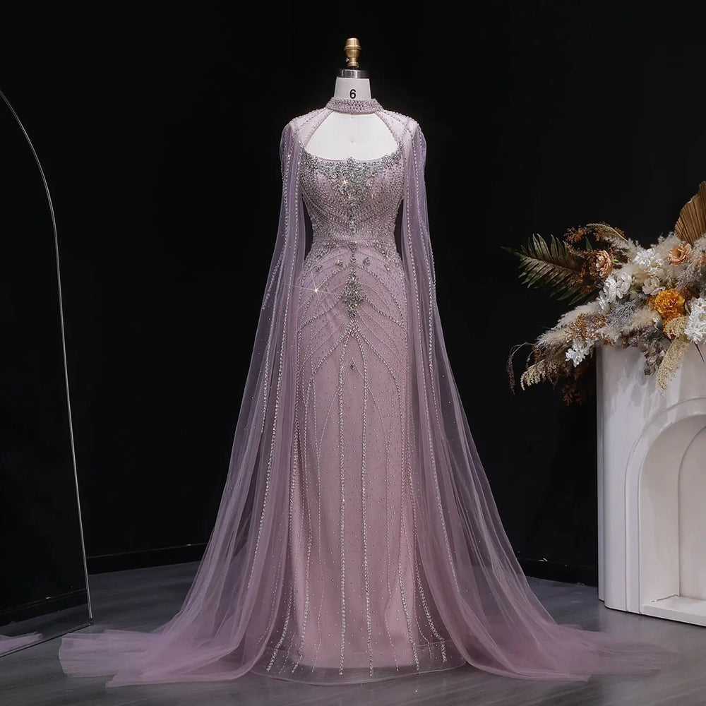 Luxury Beaded Cape Sleeve Evening Dress High Neck SS131-DreamyVow