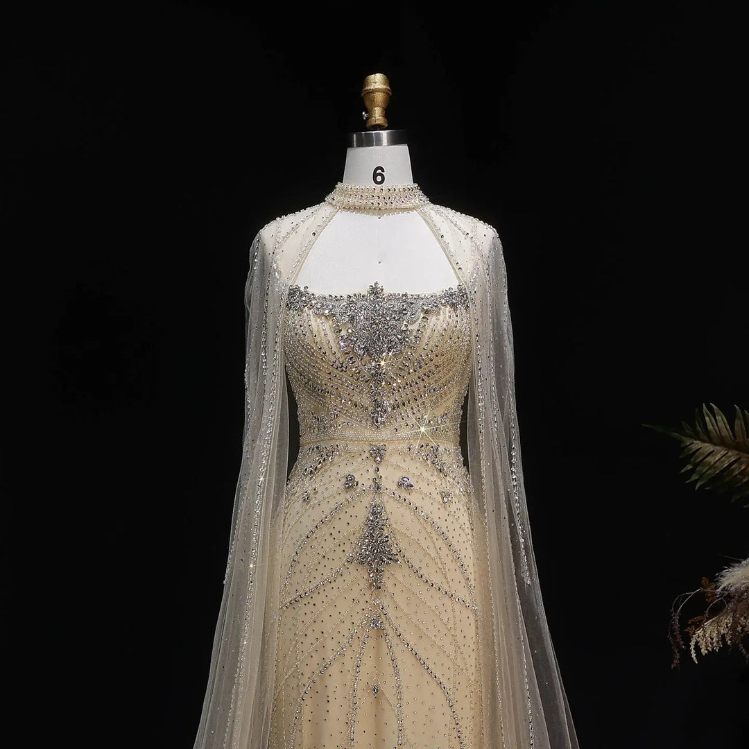 Luxury Beaded Cape Sleeve Evening Dress High Neck SS131-DreamyVow