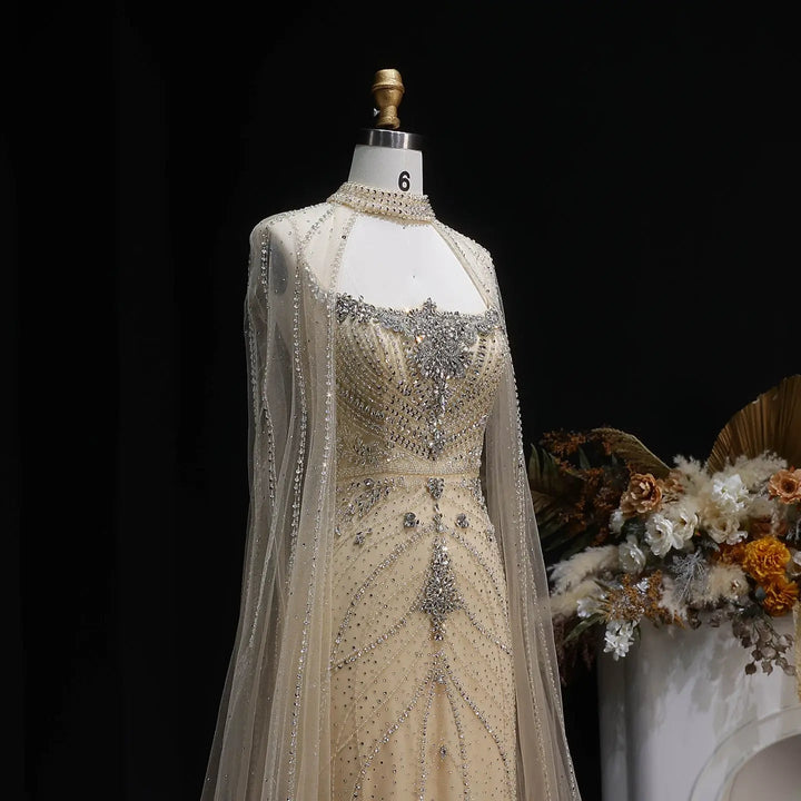 Luxury Beaded Cape Sleeve Evening Dress High Neck SS131-DreamyVow