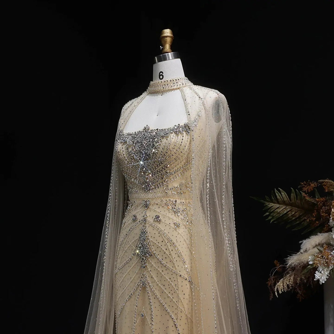 Luxury Beaded Cape Sleeve Evening Dress High Neck SS131-DreamyVow