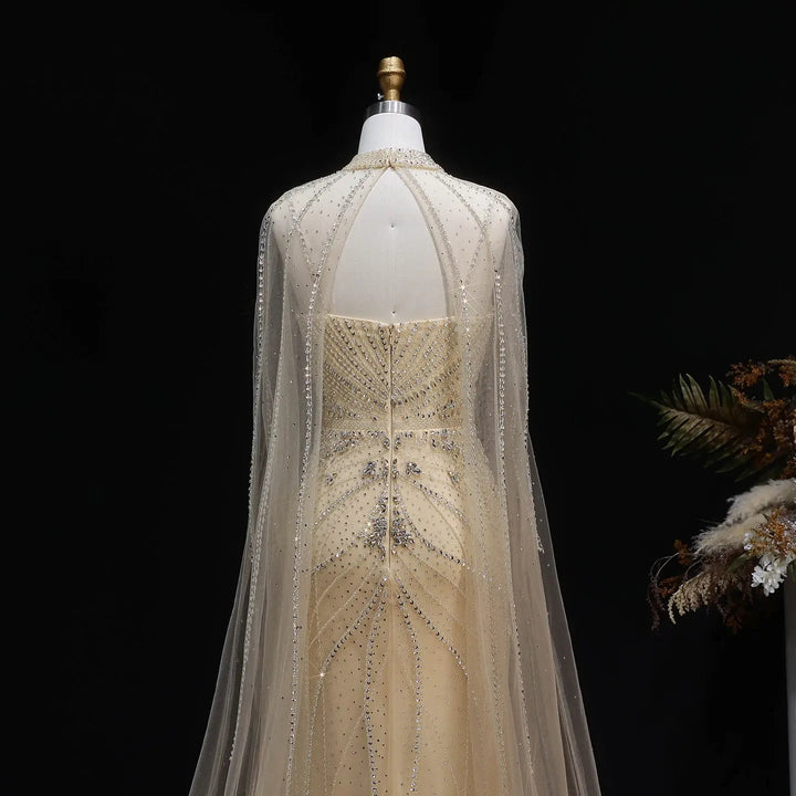 Luxury Beaded Cape Sleeve Evening Dress High Neck SS131-DreamyVow