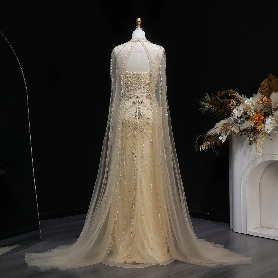 Luxury Beaded Cape Sleeve Evening Dress High Neck SS131-DreamyVow