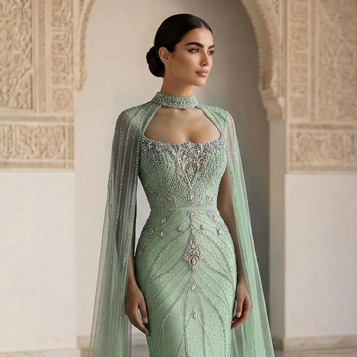 Luxury Beaded Cape Sleeve Evening Dress High Neck SS131-DreamyVow