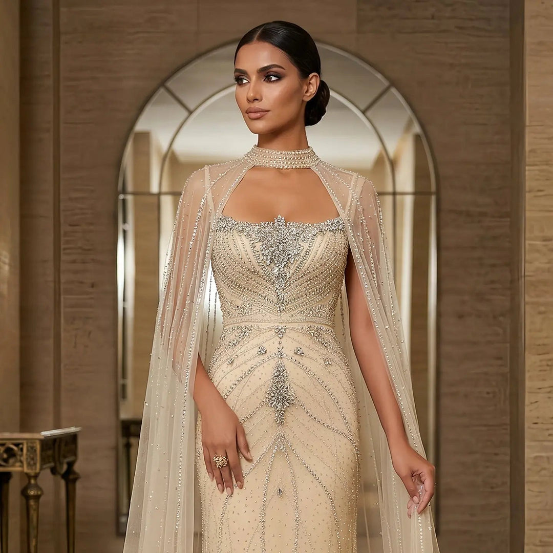 Luxury Beaded Cape Sleeve Evening Dress High Neck SS131-DreamyVow