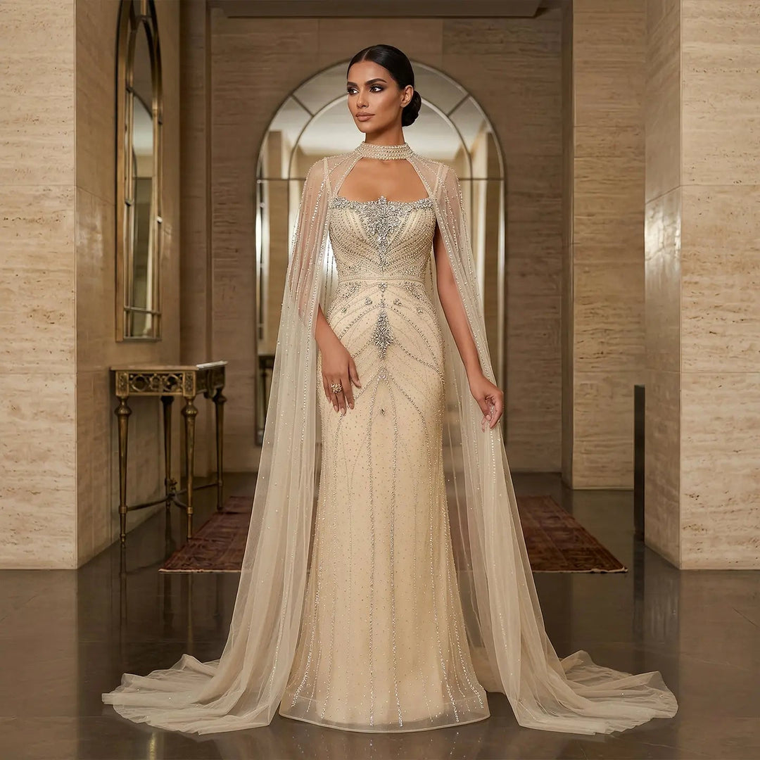 Luxury Beaded Cape Sleeve Evening Dress High Neck SS131-DreamyVow
