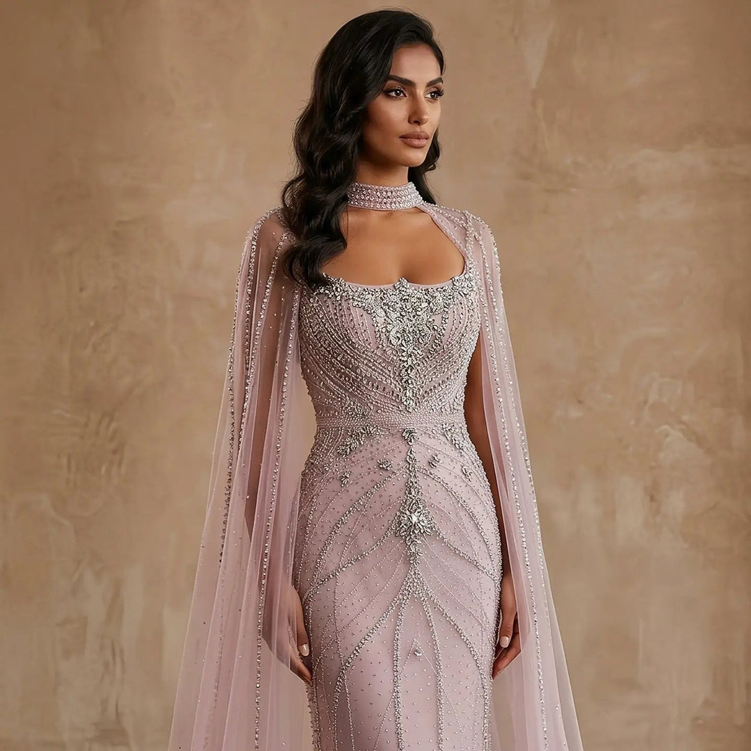 Luxury Beaded Cape Sleeve Evening Dress High Neck SS131-DreamyVow