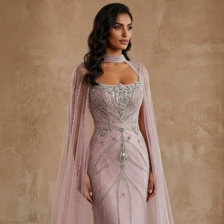 Luxury Beaded Cape Sleeve Evening Dress High Neck SS131-DreamyVow