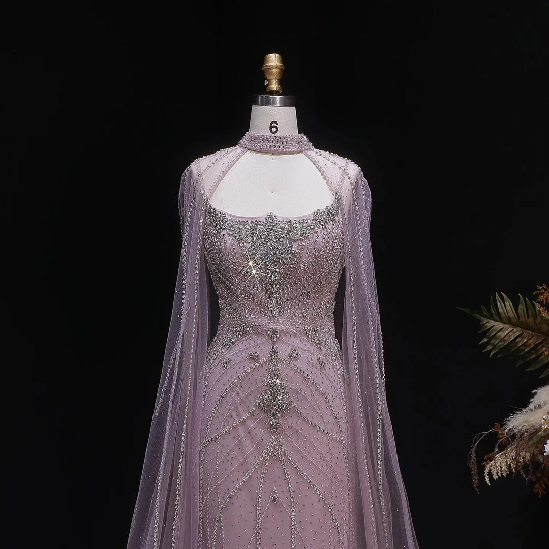 Luxury Beaded Cape Sleeve Evening Dress High Neck SS131-DreamyVow