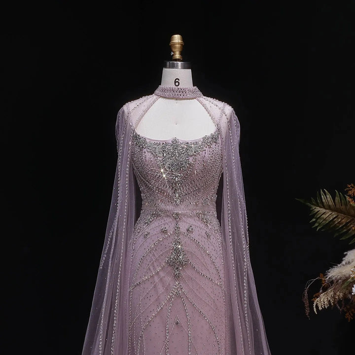 Luxury Beaded Cape Sleeve Evening Dress High Neck SS131-DreamyVow