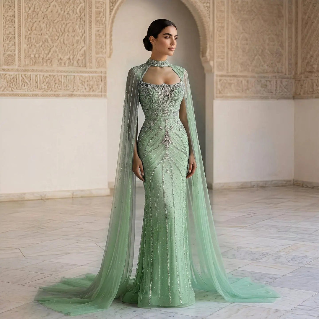 Luxury Beaded Cape Sleeve Evening Dress High Neck SS131-DreamyVow