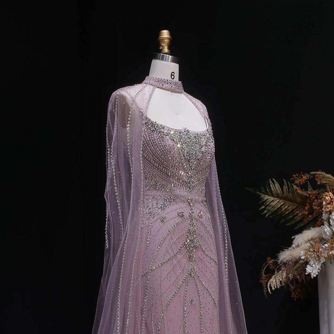 Luxury Beaded Cape Sleeve Evening Dress High Neck SS131-DreamyVow