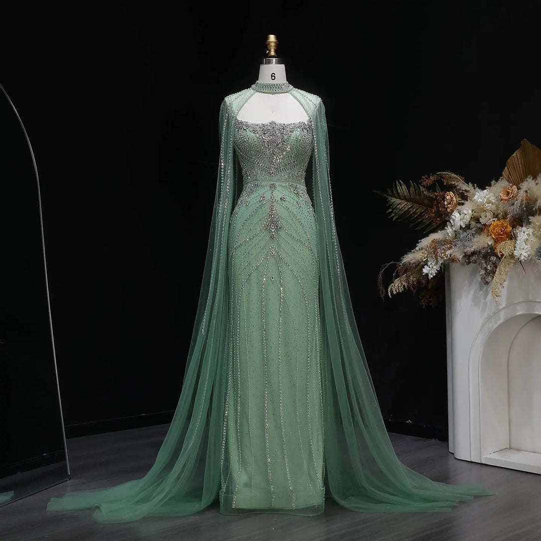 Luxury Beaded Cape Sleeve Evening Dress High Neck SS131-DreamyVow