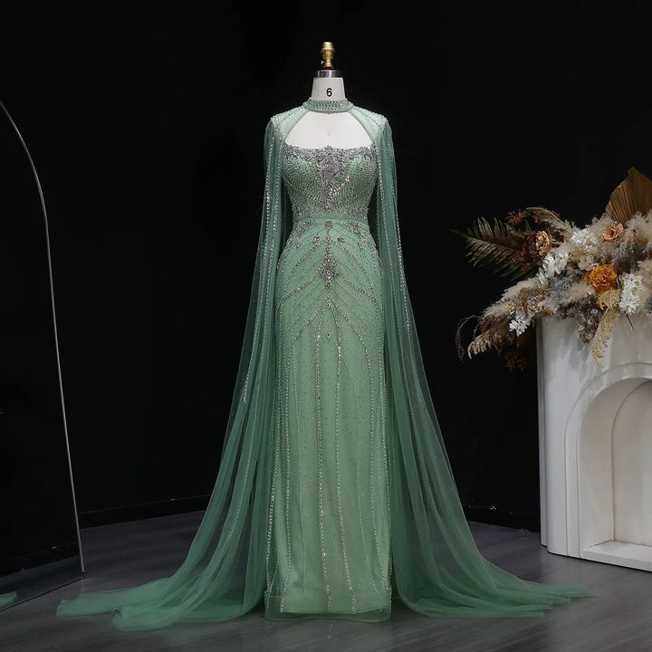 Luxury Beaded Cape Sleeve Evening Dress High Neck SS131-DreamyVow