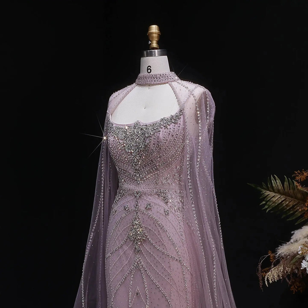 Luxury Beaded Cape Sleeve Evening Dress High Neck SS131-DreamyVow
