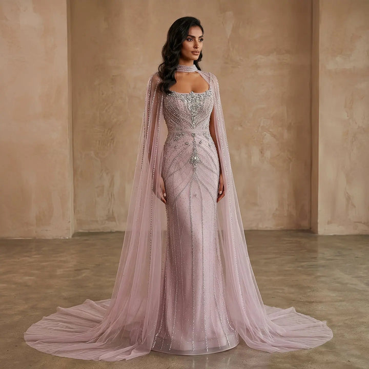 Luxury Beaded Cape Sleeve Evening Dress High Neck SS131-DreamyVow