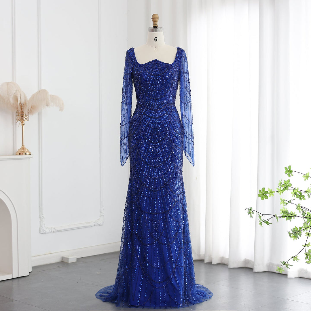 Luxury Beaded Champagne Long Sleeves Mermaid Evening Dress SS686 DreamyVow Luxury Beaded Champagne Long Sleeves Mermaid Evening Dress SS686 DreamyVow