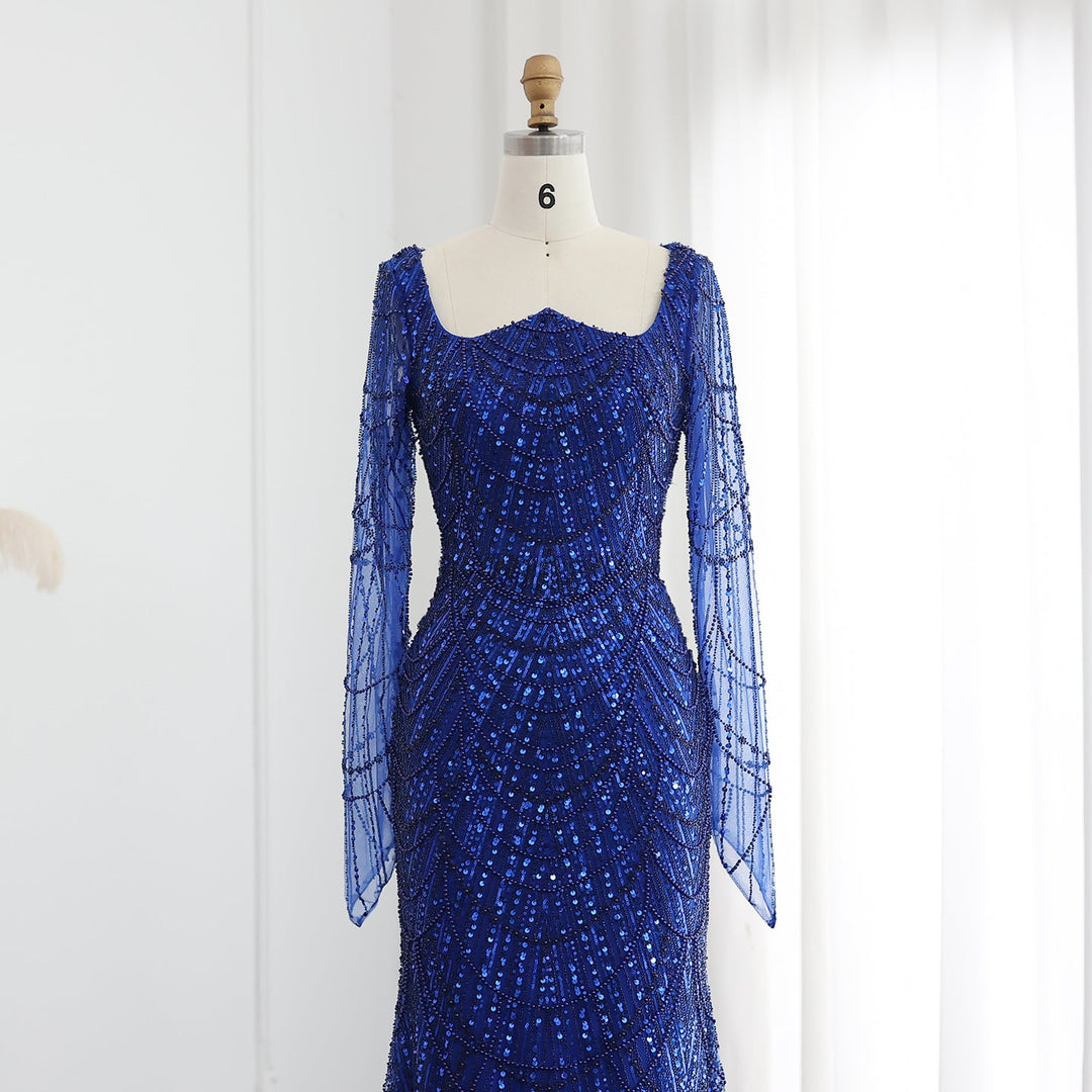 Luxury Beaded Champagne Long Sleeves Mermaid Evening Dress SS686