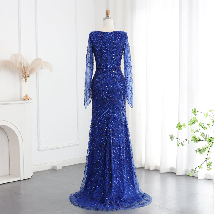 Luxury Beaded Champagne Long Sleeves Mermaid Evening Dress SS686