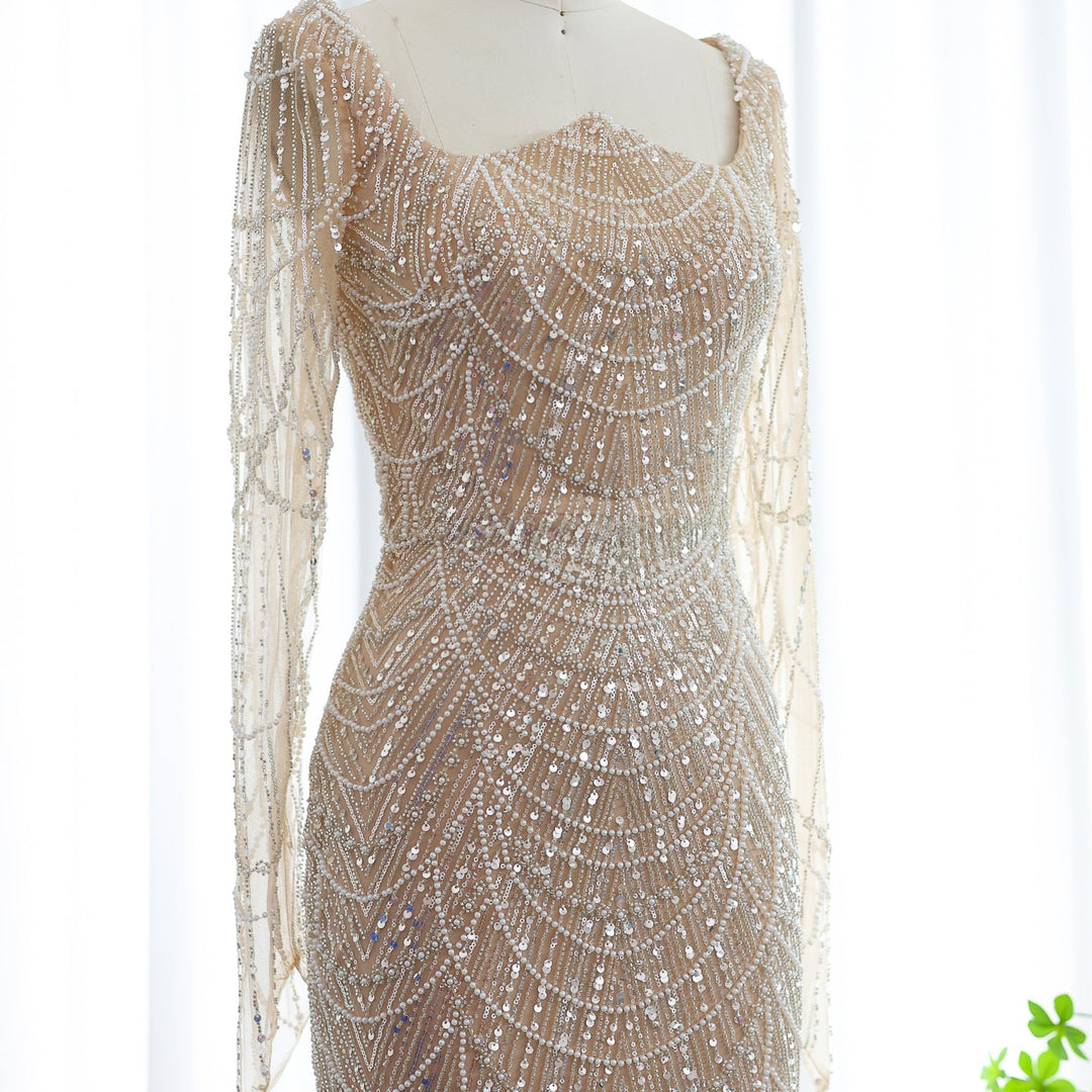 Luxury Beaded Champagne Long Sleeves Mermaid Evening Dress SS686 DreamyVow Luxury Beaded Champagne Long Sleeves Mermaid Evening Dress SS686 DreamyVow