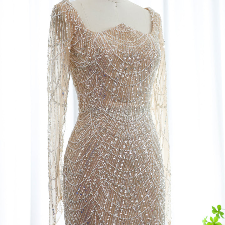 Luxury Beaded Champagne Long Sleeves Mermaid Evening Dress SS686