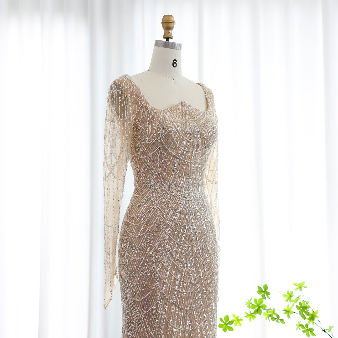 Luxury Beaded Champagne Long Sleeves Mermaid Evening Dress SS686
