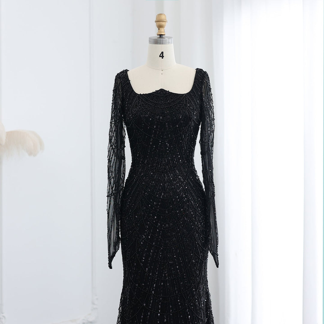 Luxury Beaded Champagne Long Sleeves Mermaid Evening Dress SS686