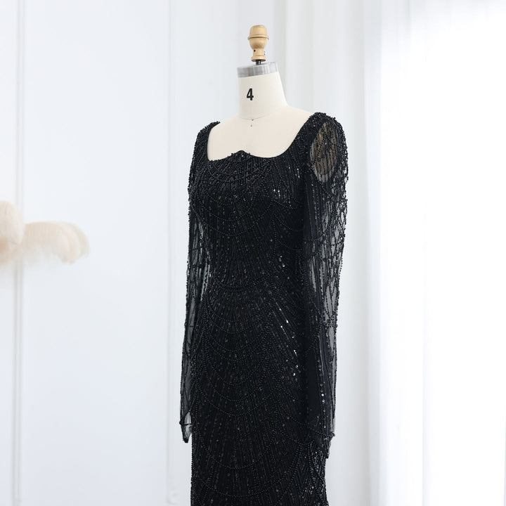 Luxury Beaded Champagne Long Sleeves Mermaid Evening Dress SS686