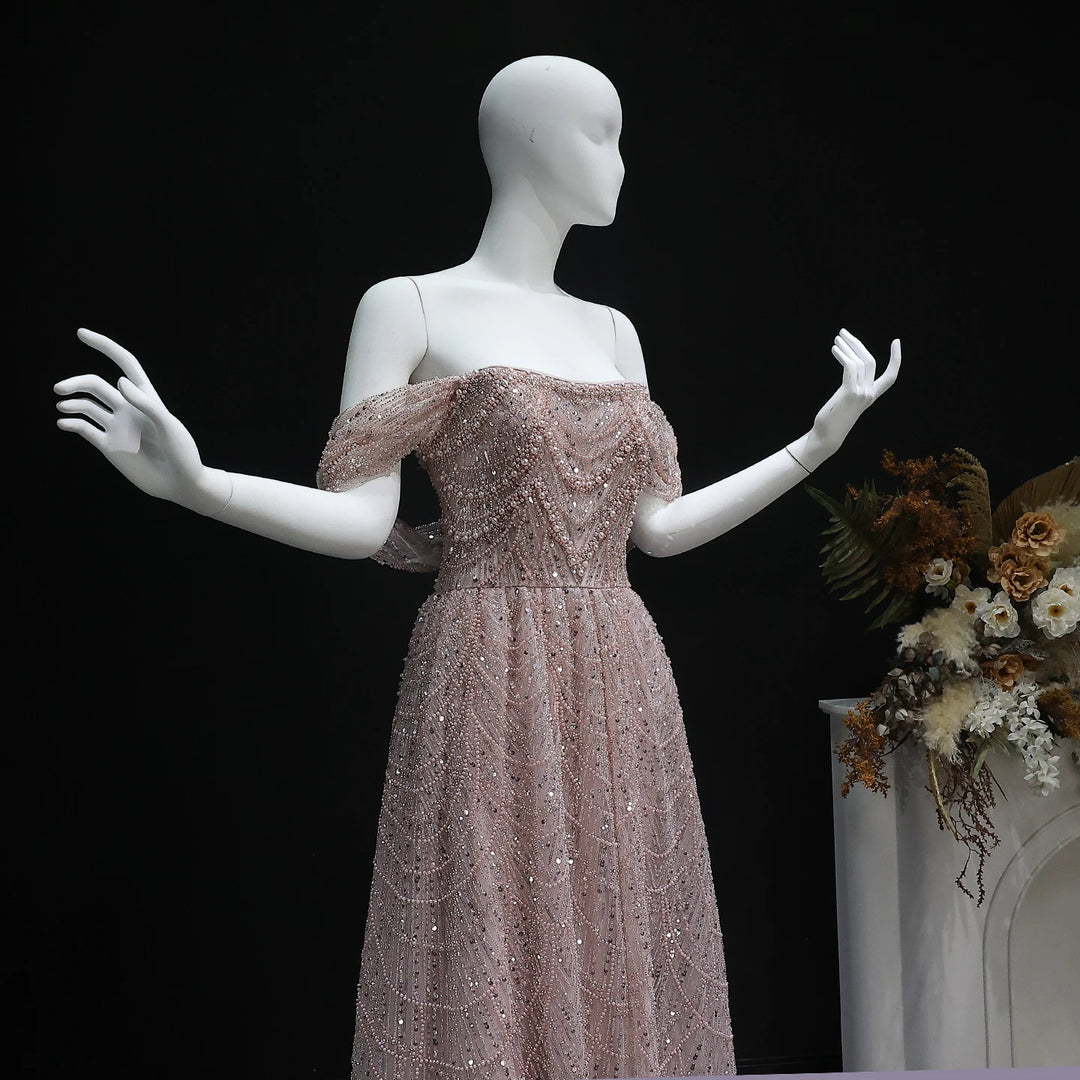 Luxury Beaded Champagne Off-Shoulder Evening Dress SS676 – DreamyVow